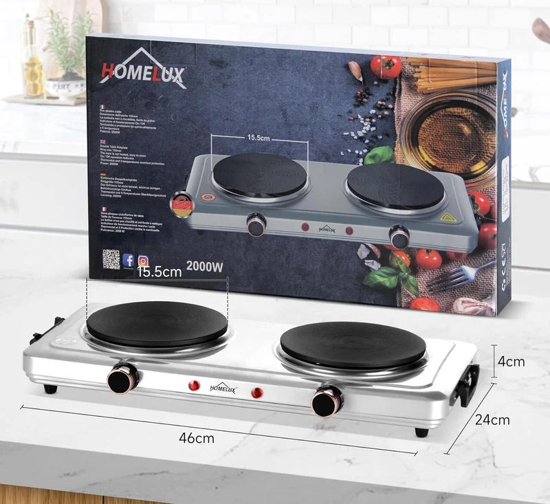 Homelux Kochplatte 1000 / 1500 / 2000 / 2500W Herdplatte, Einzeln Regelbare 5 Heizstufen, Edelstahl Kochfeld für Küche, Büro oder Camping