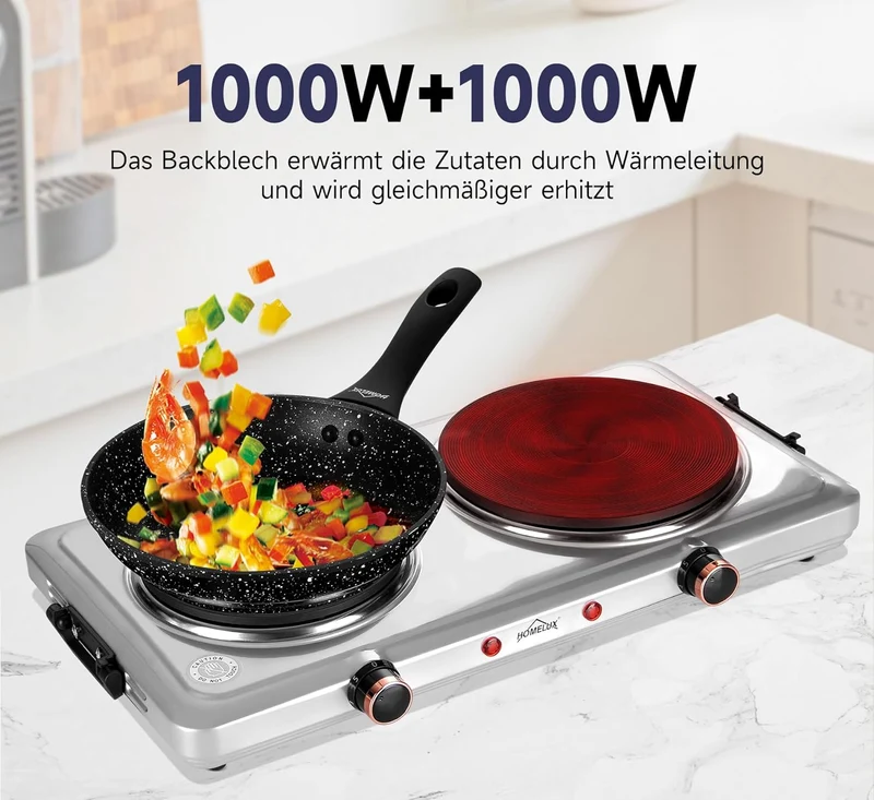 Homelux Kochplatte 1000 / 1500 / 2000 / 2500W Herdplatte, Einzeln Regelbare 5 Heizstufen, Edelstahl Kochfeld für Küche, Büro oder Camping