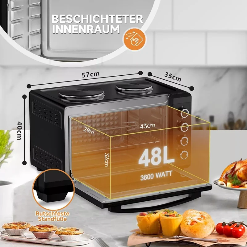 48L Minibackofen mit Kochplatten, Drehspieß, Umluft, 3600W, Pizzaofen, Grill und Ofenfunktion