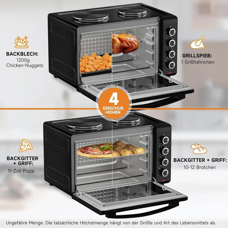 48L Minibackofen mit Kochplatten, Drehspieß, Umluft, 3600W, Pizzaofen, Grill und Ofenfunktion