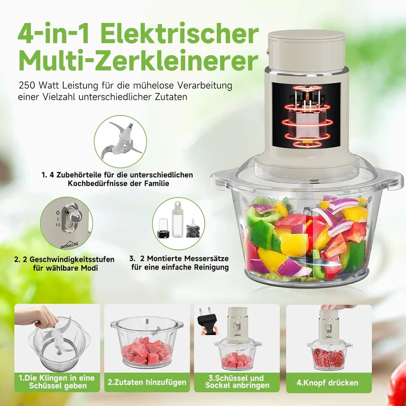 HOMELUX 4-in-1 Küchenallrounder: Zerkleinern, Mixen & Mahlen mit robustem 2L Glasbehälter und 600ml Saftbecher