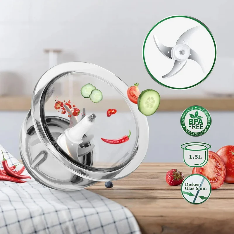 Scheffler Electric Multi Chopper Kitchen Electric with 1.5 L Glass Container, 300 W, 4 Stainless Steel Mes, 2 Speeds, Universal Chopper Food Chopper