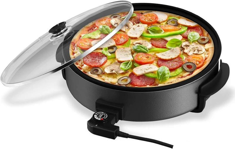 Scheffler Elektrische Pfanne: 5 Temperatureinstellungen, Pizzapfanne, Multifunktionspfanne mit Antihaftbeschichtung und Deckel