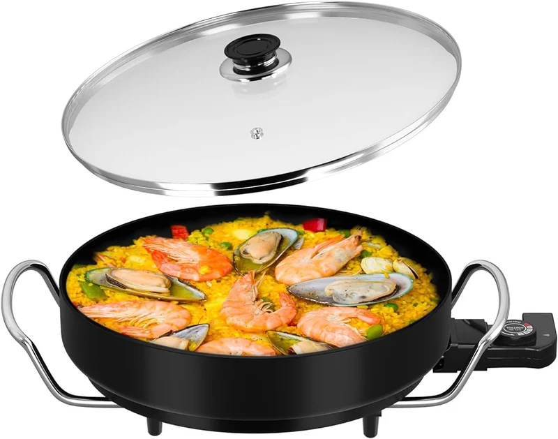 Scheffler Elektrische Pfanne: 5 Temperatureinstellungen, Pizzapfanne, Multifunktionspfanne mit Antihaftbeschichtung und Deckel
