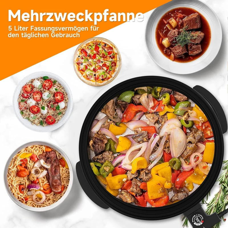 Scheffler Elektrische Pfanne: 5 Temperatureinstellungen, Pizzapfanne, Multifunktionspfanne mit Antihaftbeschichtung und Deckel