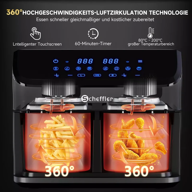 Scheffler Heißluftfritteuse 2 kammern 9L Airfryer 8 Programme Dual Cook & Sync Finish