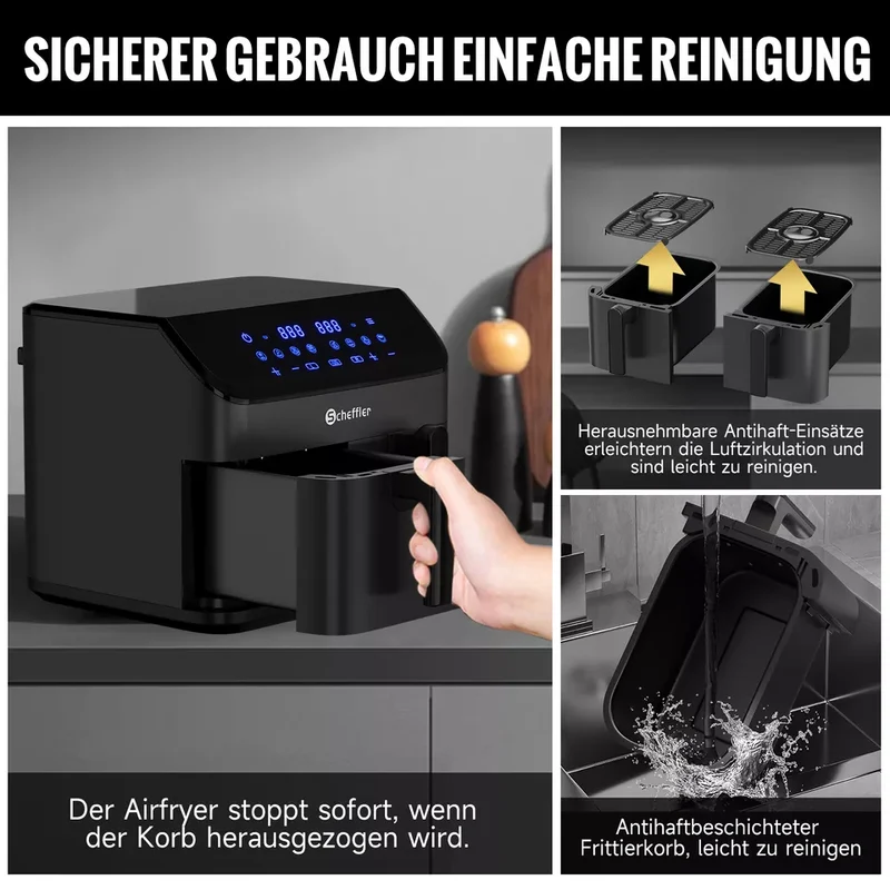 Scheffler Heißluftfritteuse 2 kammern 9L Airfryer 8 Programme Dual Cook & Sync Finish