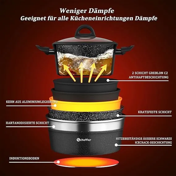 Scheffler 6-tlg Topfset Pfannenset Antihaftbeschichtung Induktions Töpfe Set mit Ultra-Antihaft-Beschichtung und Ergonomischen Griffe für alle Herdarten