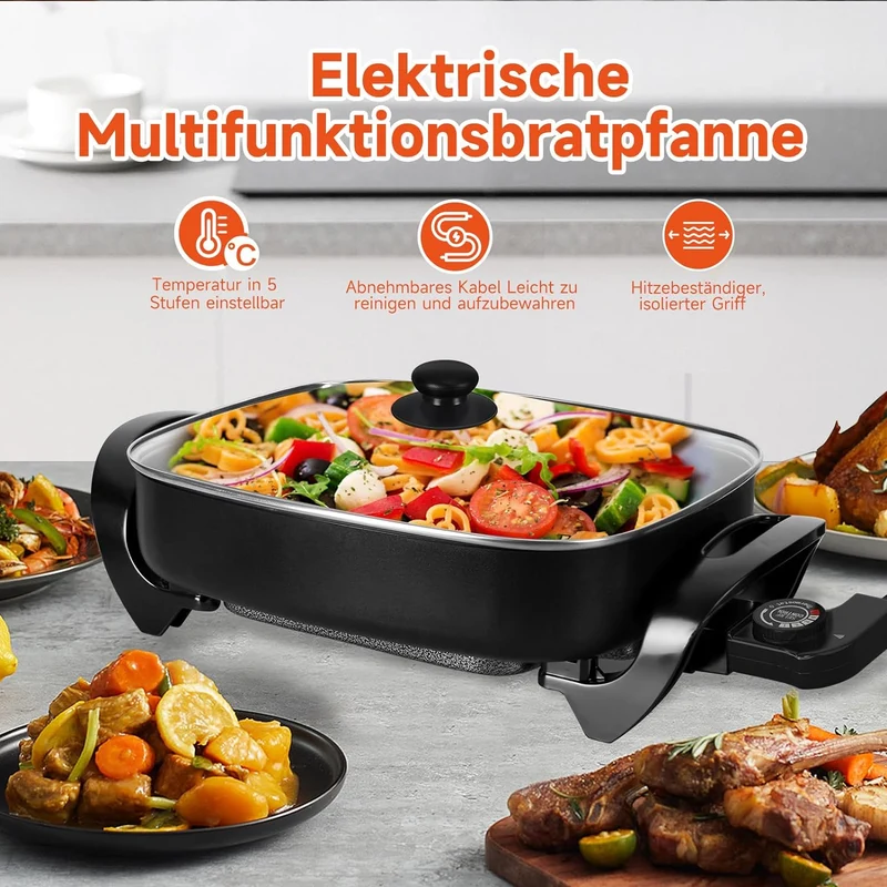 Elektrische pfanne Elektropfanne mit deckel, Elektrische Multipfanne,mit Antihaftbeschichtet