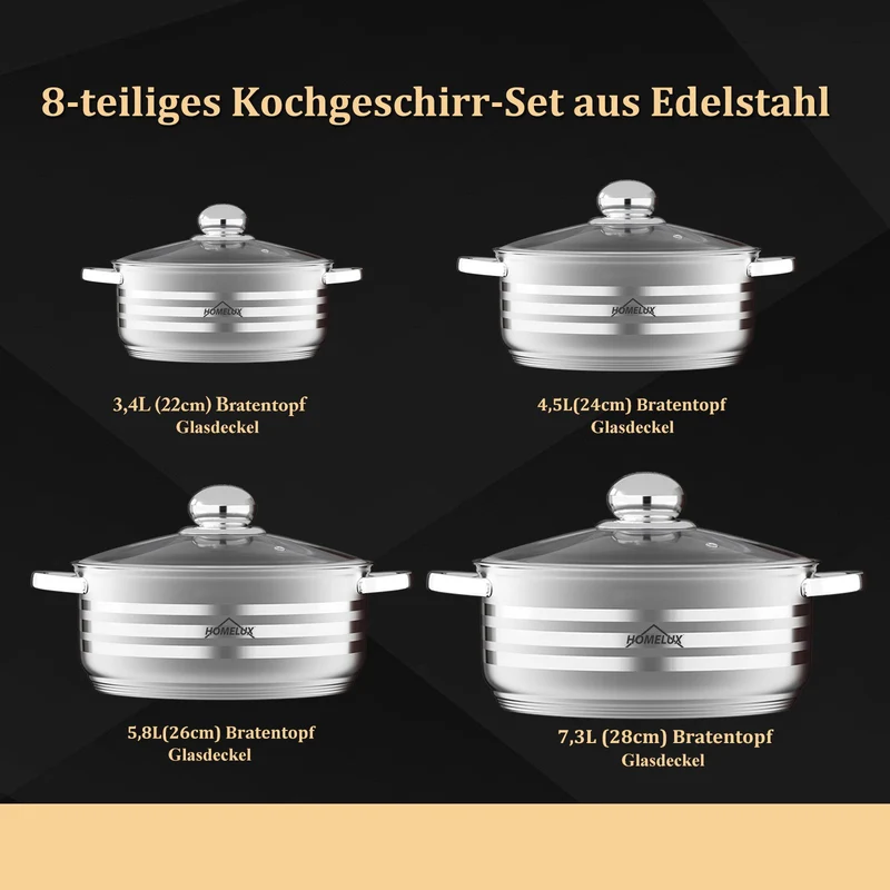 8-teilig Kochtopfset Induktion Homelux Glasdeckel Spülmaschinenfest Kompatibel mit allen Herdarten Langlebige Konstruktion klassisches Design