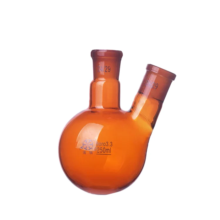 Doppelhals-Rundkolben, abgeschrägte Seitenhälse, Braunglas, 100 ml bis 1000 ml
