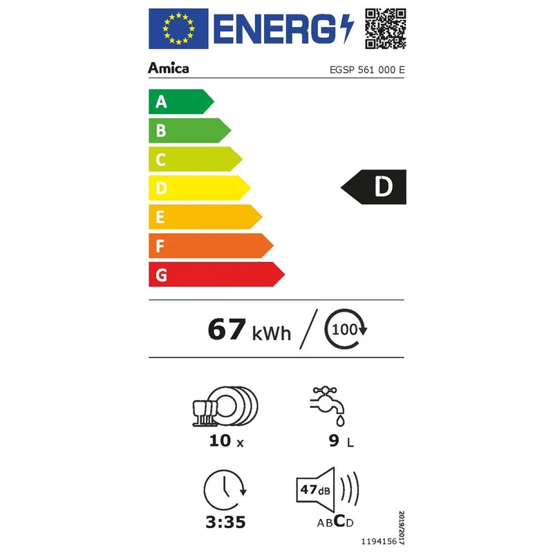 Amica EGSP 561 000 E Geschirrspüler teilintegriert 45cm 10 Maßgedecke D