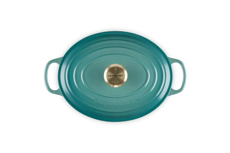 Le Creuset Oval Signature Schmorpfanne „Bleu Riviera“.