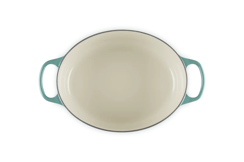 Le Creuset Oval Signature Schmorpfanne „Bleu Riviera“.