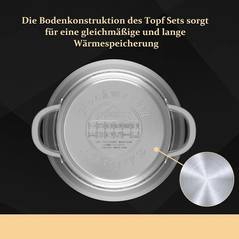Topfset induktion Edelstahl Kochtopf 10-teilig mit Glasdeckel für alle Herdarten