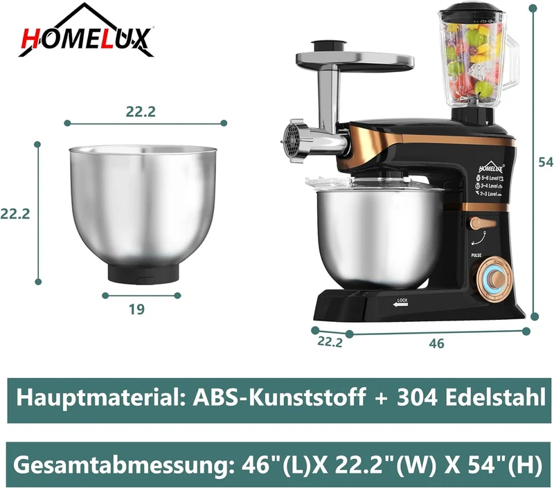 HOMELUX 3-in-1 Küchenmaschine 6L / 5L Fleischwolf, Knetmaschine, 6-stufiger Mixer, 1.5L Saftpresse, Edelstahlschüssel