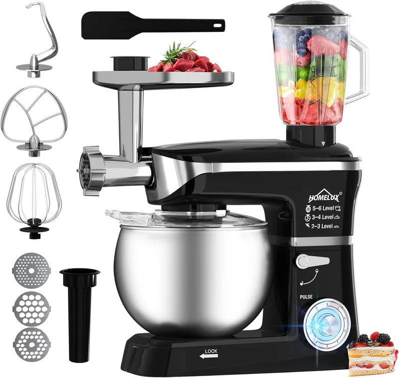 HOMELUX 3-in-1 Küchenmaschine 6L / 5L Fleischwolf, Knetmaschine, 6-stufiger Mixer, 1.5L Saftpresse, Edelstahlschüssel
