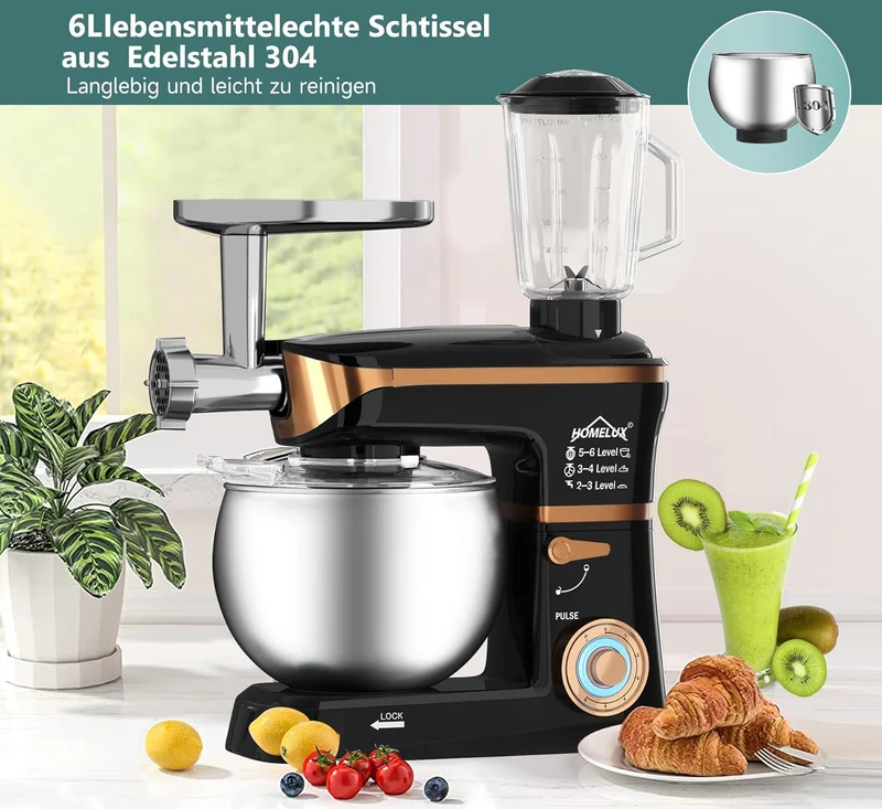 HOMELUX 3-in-1 Küchenmaschine 6L / 5L Fleischwolf, Knetmaschine, 6-stufiger Mixer, 1.5L Saftpresse, Edelstahlschüssel