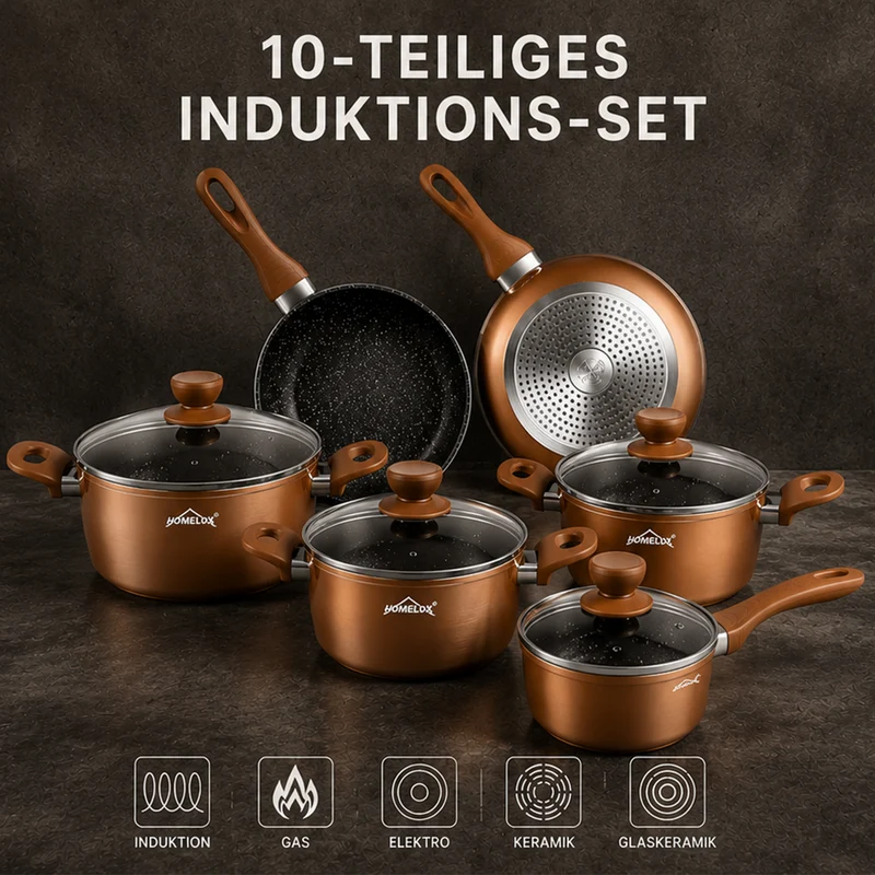 10tlg Induktions-Töpfe Set Homelux KoHerdartenchtopfset aus Aluminiumguss mit Antihaftbeschichtung, inkl. Deckel. PFOA frei, für alle