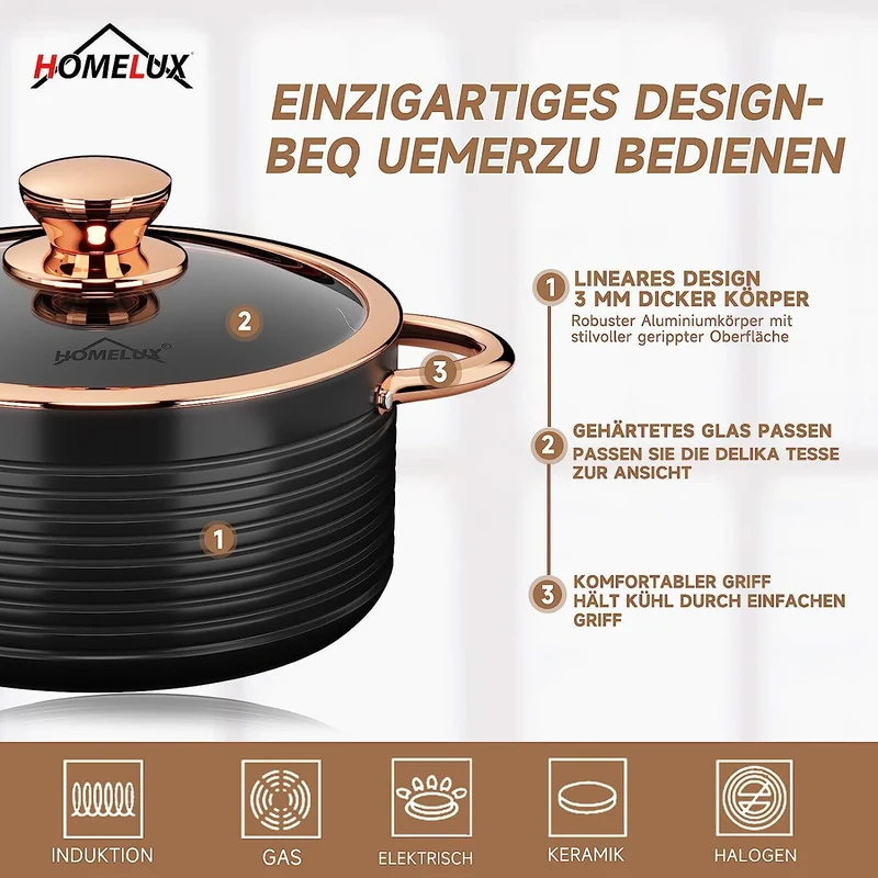 HOMELUX 10tlg Induktions-Töpfe Set: Aluminiumguss Kochtopfset mit Keramik-Antihaftbeschichtung Für Induktion und alle Herdarten geeignet