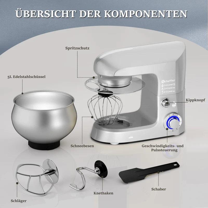 Küchenmaschine 2000W ,5L Edelstahlschüssel Knetmaschine mit 6. Gang, Große Küchenmaschine 5L 2000W Knetmaschine Rührmaschine Rührgerät
