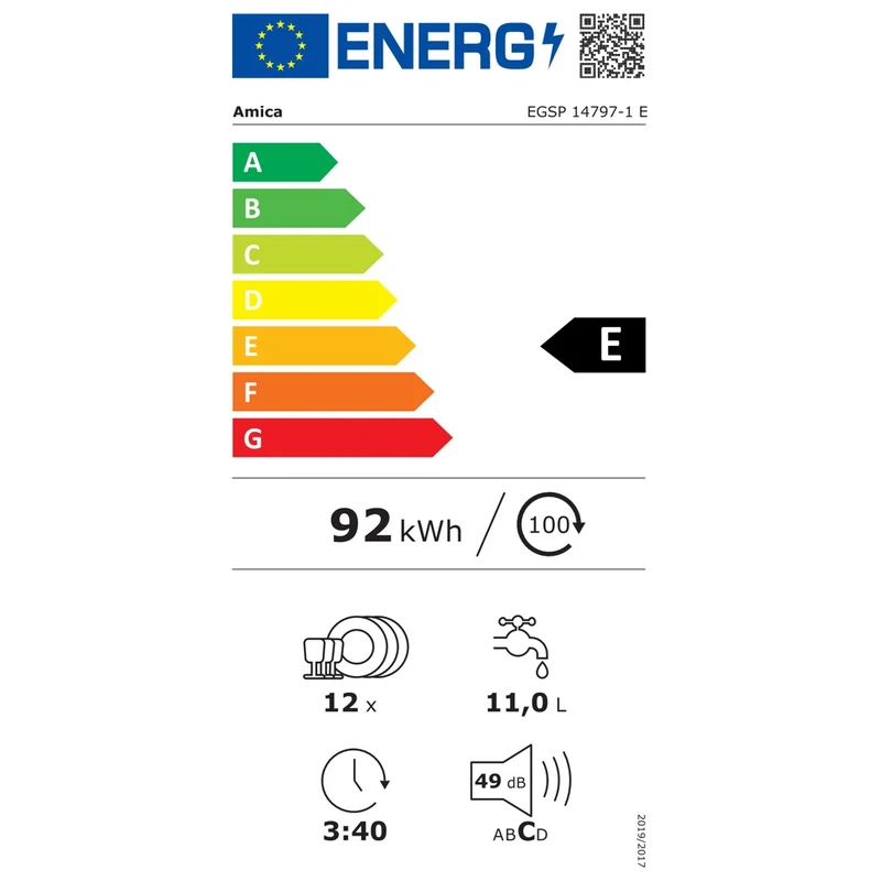 Amica EGSP 14797-1 E Geschirrspüler teilintegriert 60cm 12 Maßgedecke E