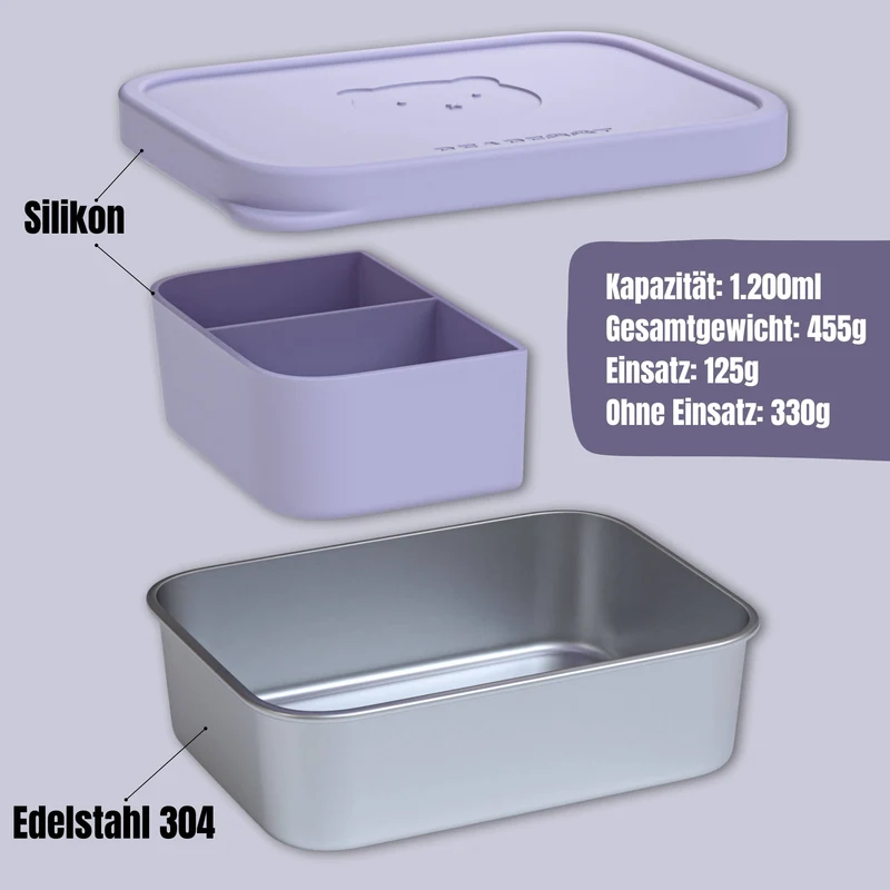 Brotdose Kinder Edelstahl mit Silikoneinsatz - Lavendel