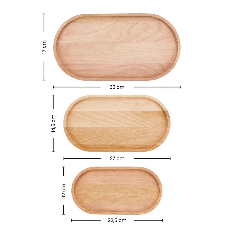 Schüssel- und Teller-Set, 3 Serviertabletts aus reinem Holz, oval (S/M/L)