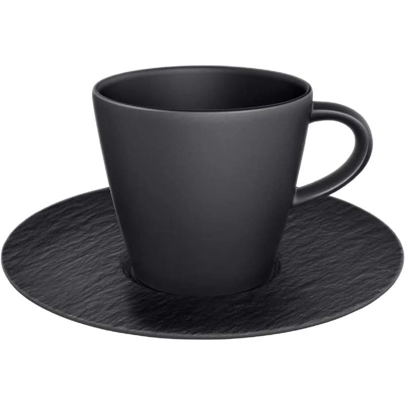 Villeroy & Boch Manufacture Rock Kaffeetasse mit Untertasse, Schwarz, Premium Porcelain, Schiefer-Optik, 1042391290