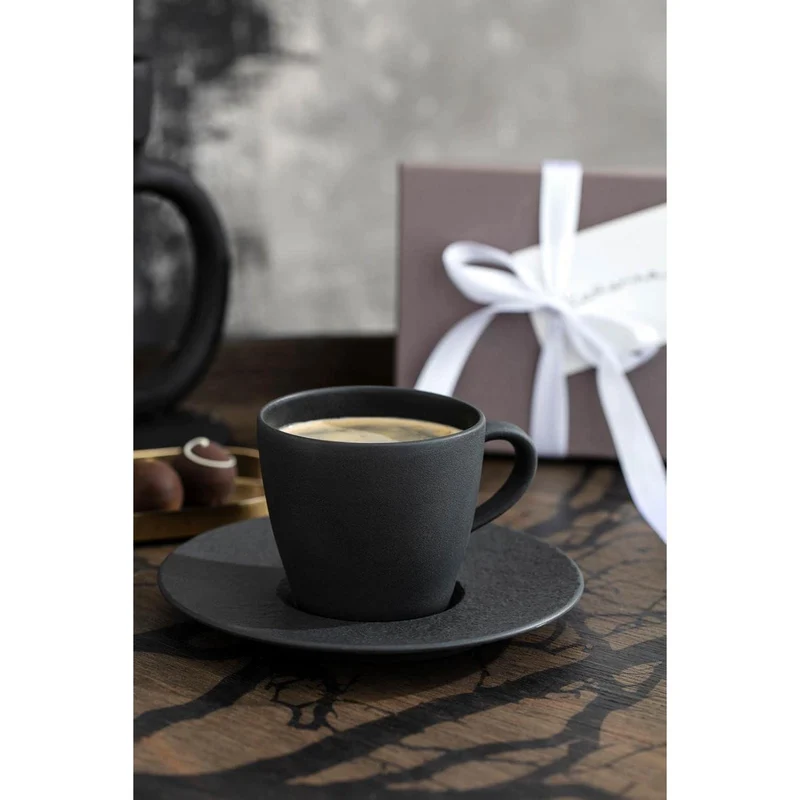 Villeroy & Boch Manufacture Rock Kaffeetasse mit Untertasse, Schwarz, Premium Porcelain, Schiefer-Optik, 1042391290