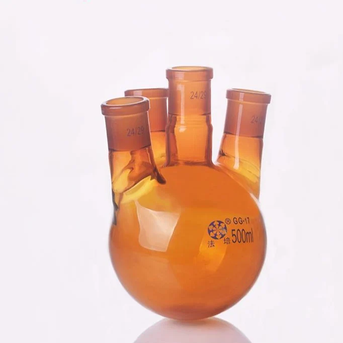 Vierhals Rundkolben, Seitenhälse schräg, Braunglas, 100 ml bis 500 ml