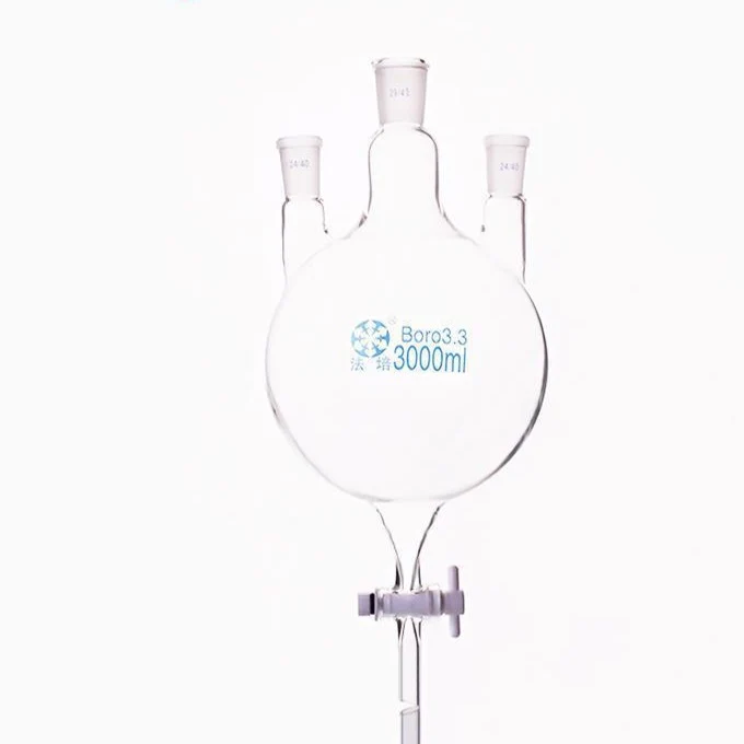 Dreihals Rundkolben mit Bodenablauf und PTFE-Hahn, Kapazität 250 bis 5.000 ml
