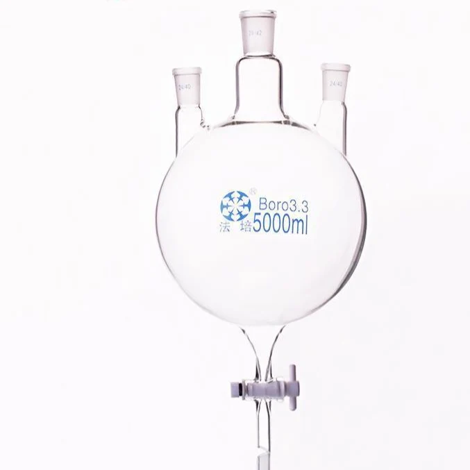 Dreihals Rundkolben mit Bodenablauf und PTFE-Hahn, Kapazität 250 bis 5.000 ml