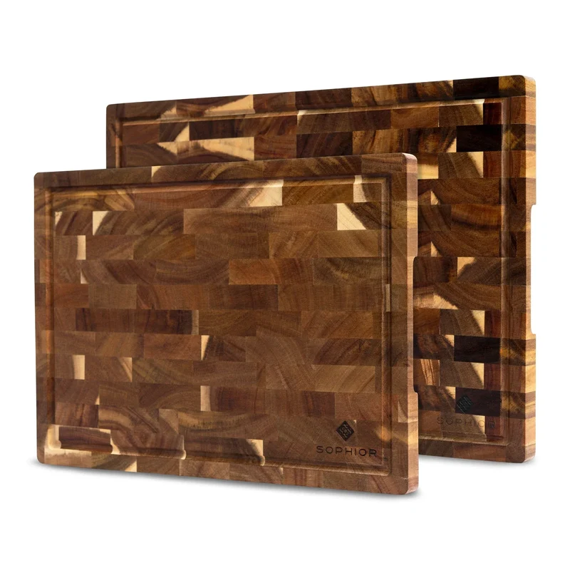 SOPHIOR Schneidebrett-Set Akazie mit Saftrille und Griffen – 42×35×2,5 cm & 35×25×2,5 cm