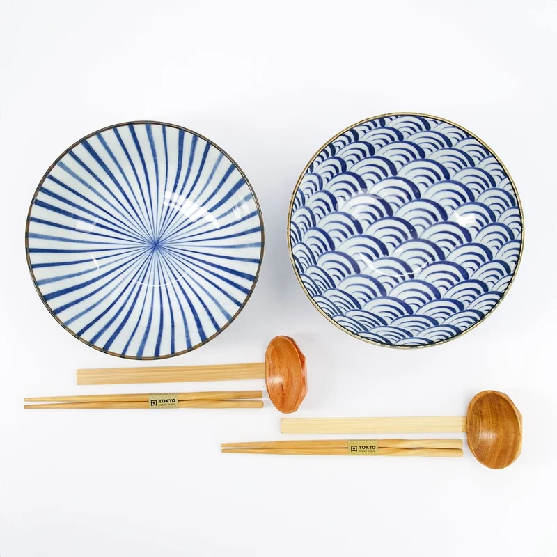Ramen Schale Geschenkset, 6-tlg., Natsu, Blau/Weiß Ø 21x7,8cm 1000ml