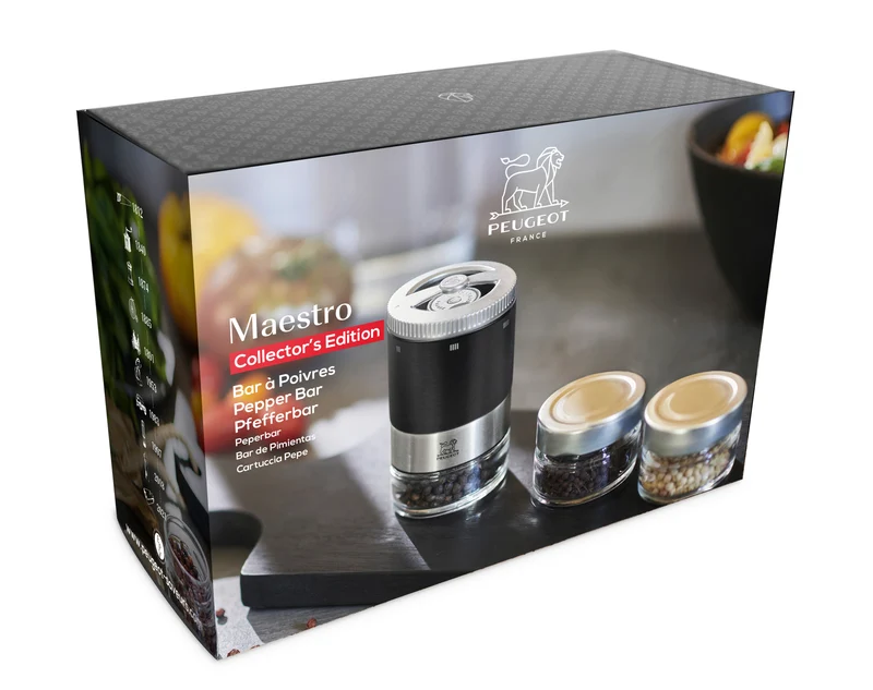 Peugeot Pfeffermühle „Maestro Mattschwarz“ – Pfeffermühle mit 3 austauschbaren Pfefferkörnern