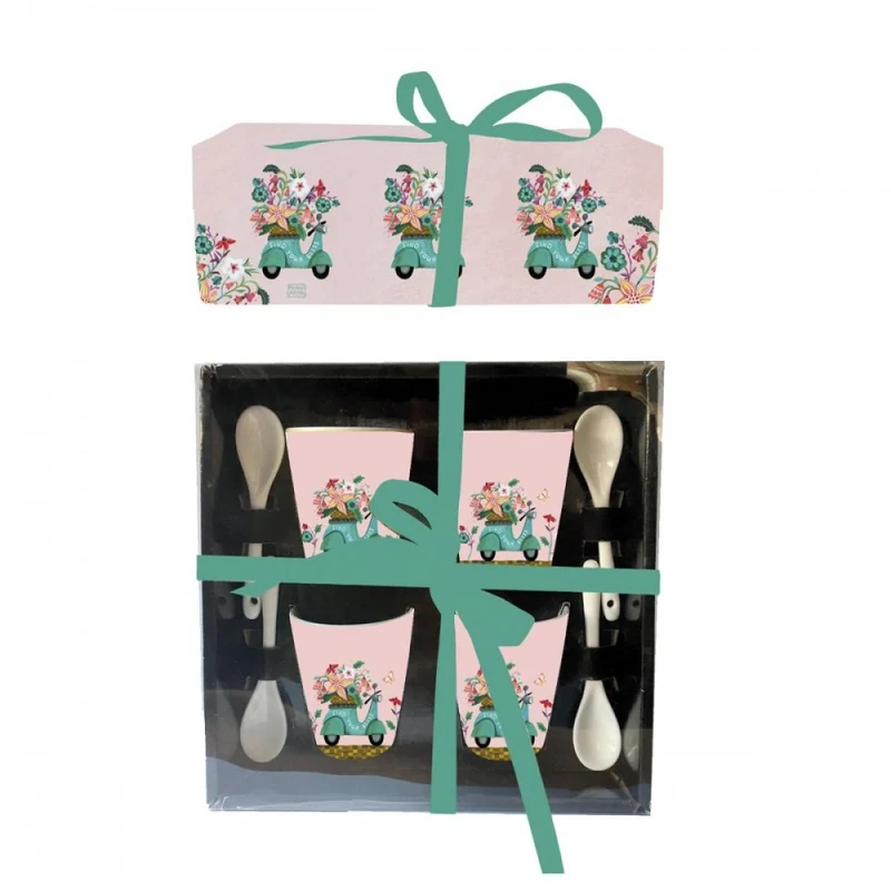 Enesco Set 4 Tazzine da Caffè Scooter con Cucchiaini in Ceramica