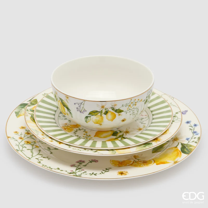 EDG Enzo De Gasperi Servizio Tavola 24 pz Limoni in Porcellana con Bordo oro 24K