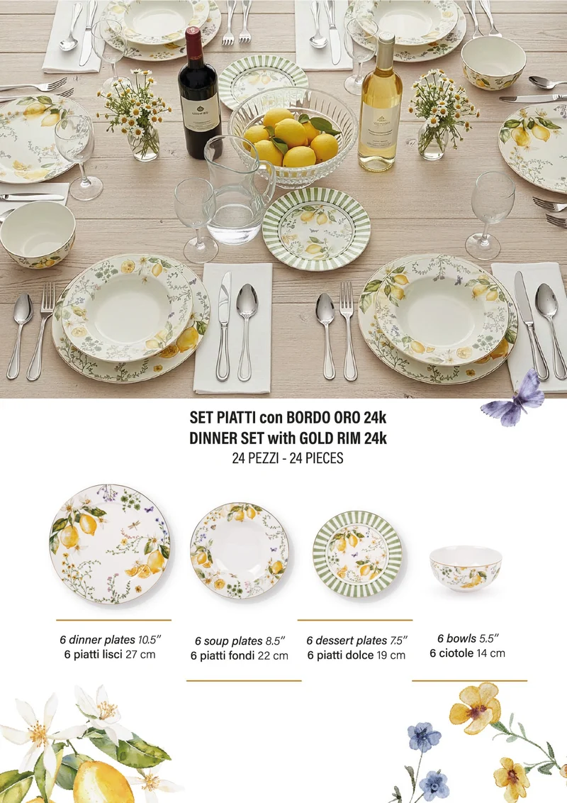 EDG Enzo De Gasperi Servizio Tavola 24 pz Limoni in Porcellana con Bordo oro 24K