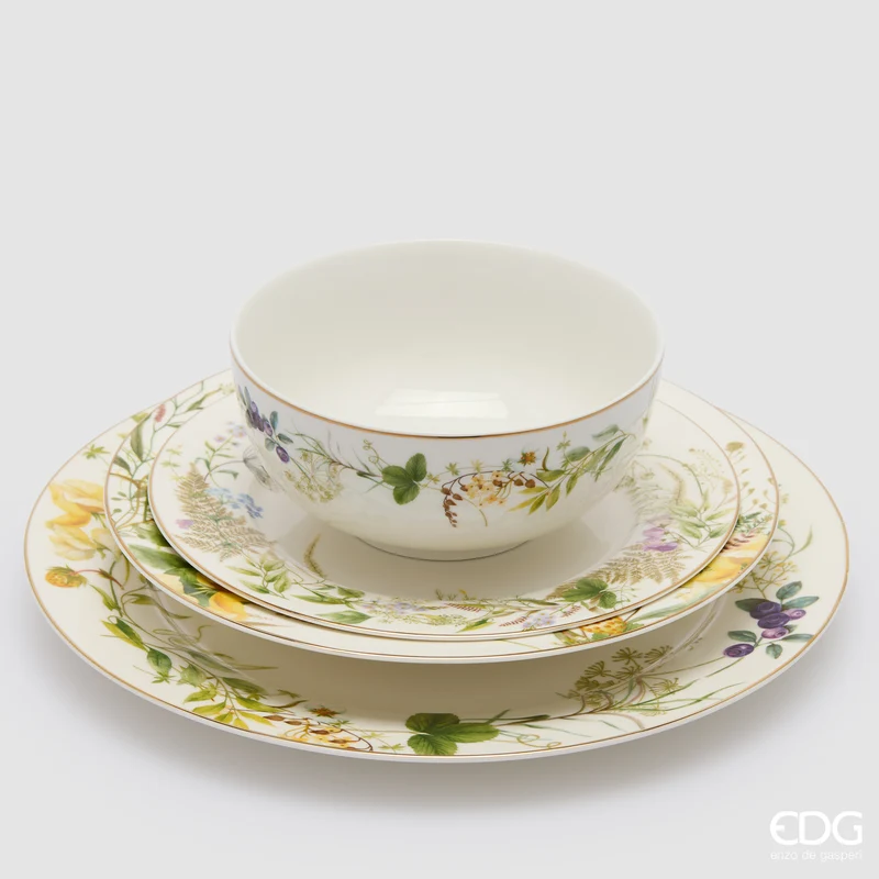 EDG Enzo De Gasperi Servizio Tavola 24 pz Fiori Mix in Porcellana con Bordo oro 24K