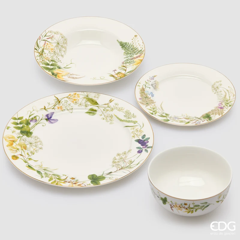 EDG Enzo De Gasperi Servizio Tavola 24 pz Fiori Mix in Porcellana con Bordo oro 24K