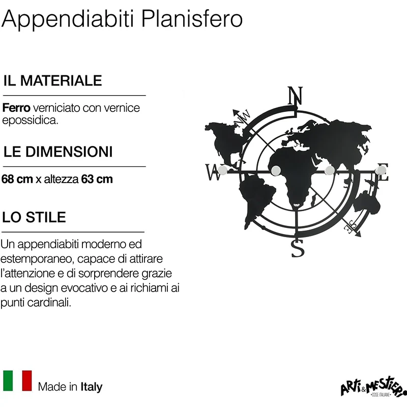 Arti e Mestieri Appendiabiti da Parete Planisfero Nero D68 cm