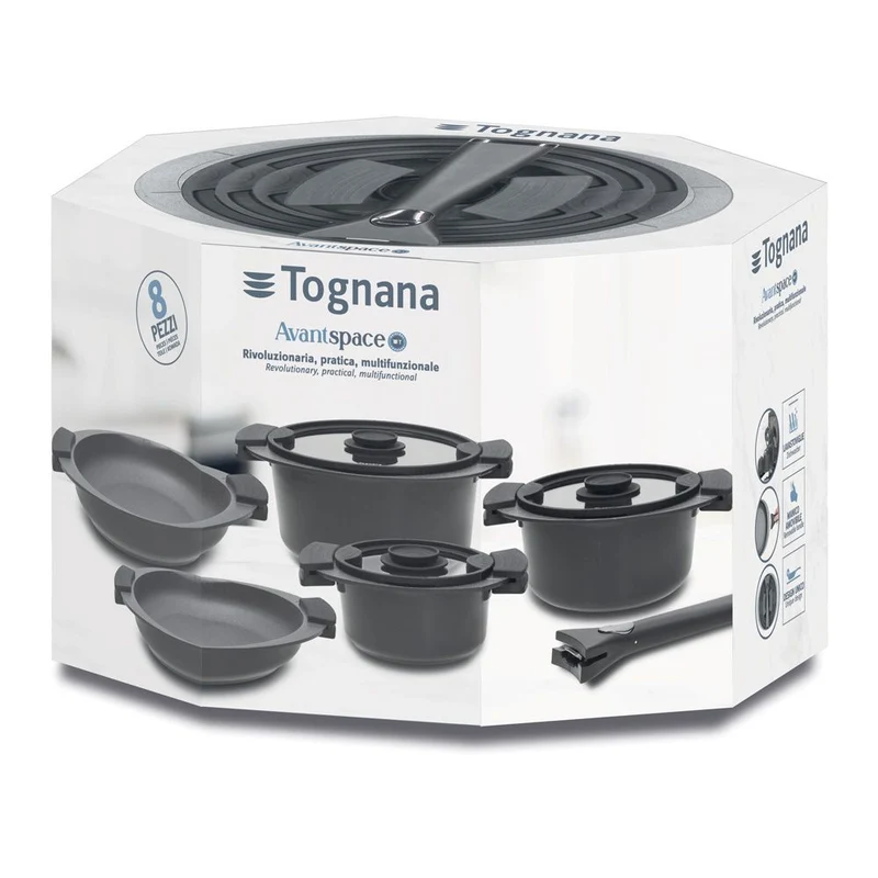 Tognana Batteria Di Pentole e Padelle 8 Pezzi Avantspace Nero