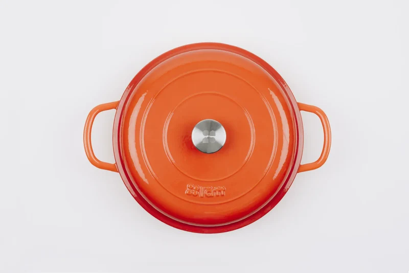 Bräter Gusseisen rund flach d. 30 Höhe 6 cm 3,2l. ofenrot