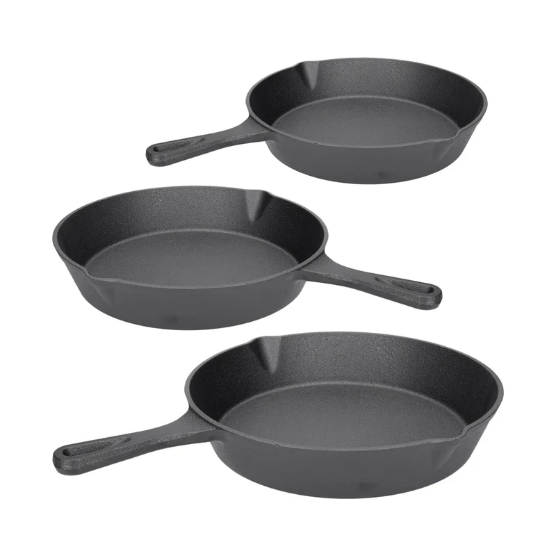 TP BBQ Pfannen Set aus Gusseisen, inkl. Griff, für alle Herdarten geeignet, Bratpfannen 16+20+25