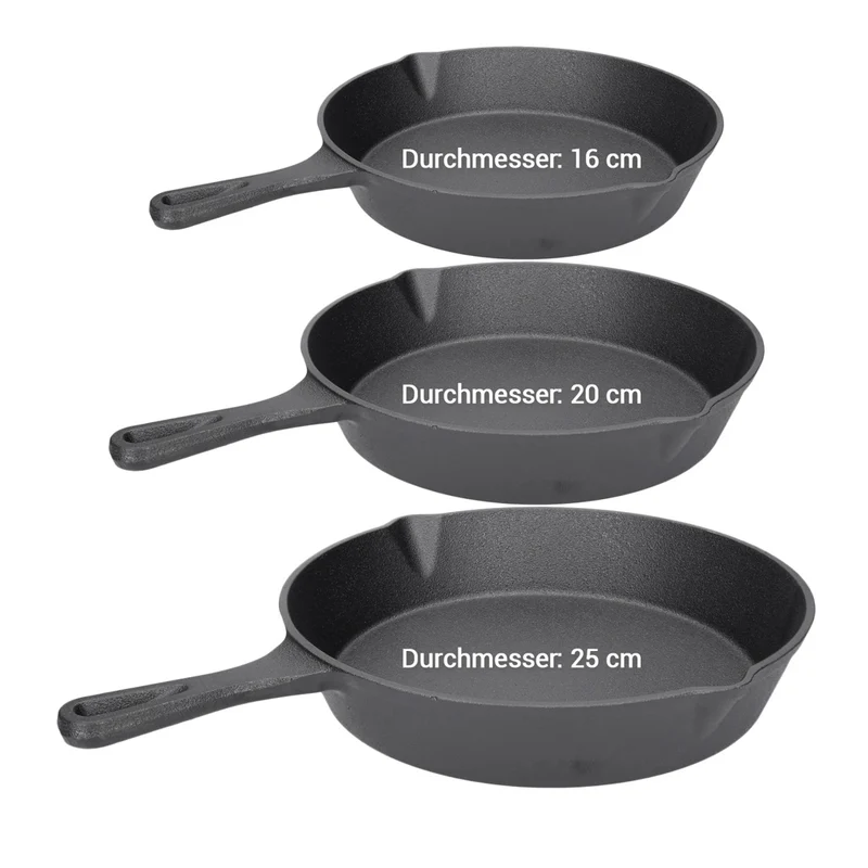 TP BBQ Pfannen Set aus Gusseisen, inkl. Griff, für alle Herdarten geeignet, Bratpfannen 16+20+25