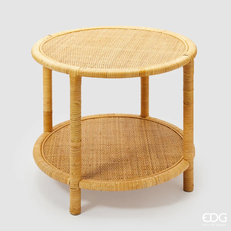 EDG Enzo De Gasperi Tavolino Rotondo 2 Ripiani in Rattan H49 D60 cm