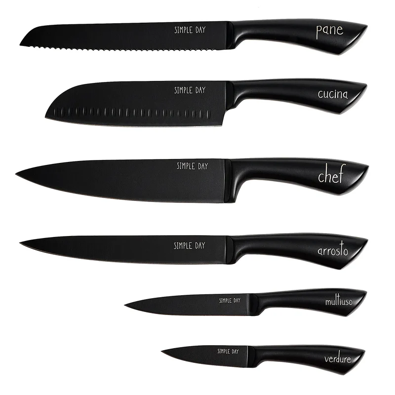 Simple Day Set 6 Coltelli da Cucina in Acciaio Antiaderente Nero