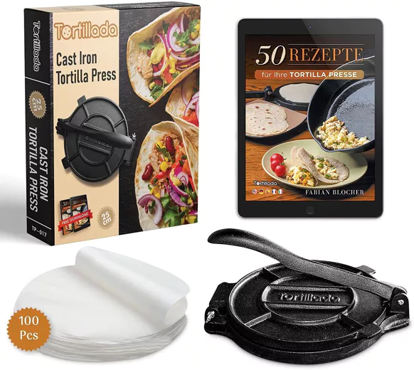 Tortillapresse 25cm aus Gusseisen + Pergament Papier 100 Stk. inkl. E-Book mit Rezepten