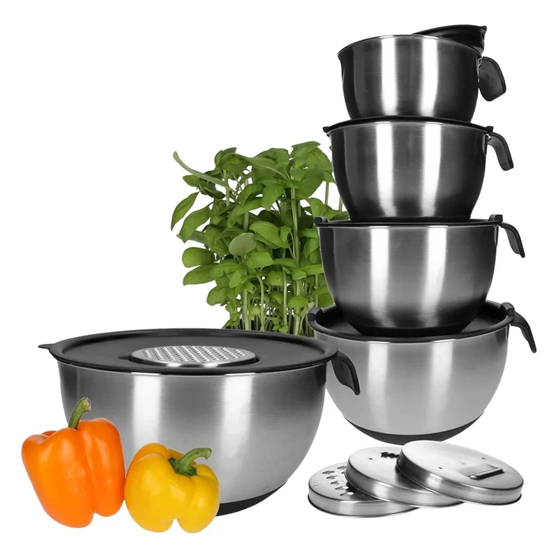 TP Edelstahl Schüssel-Set mit Griff, inkl. Deckel, Skala und 4 Einsätzen zum Gemüsereiben 15-teilig